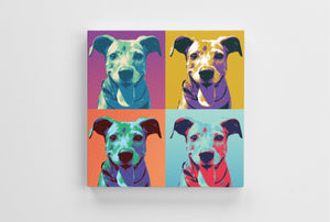 Custom pop art style digital pet portrait printed on a canvas