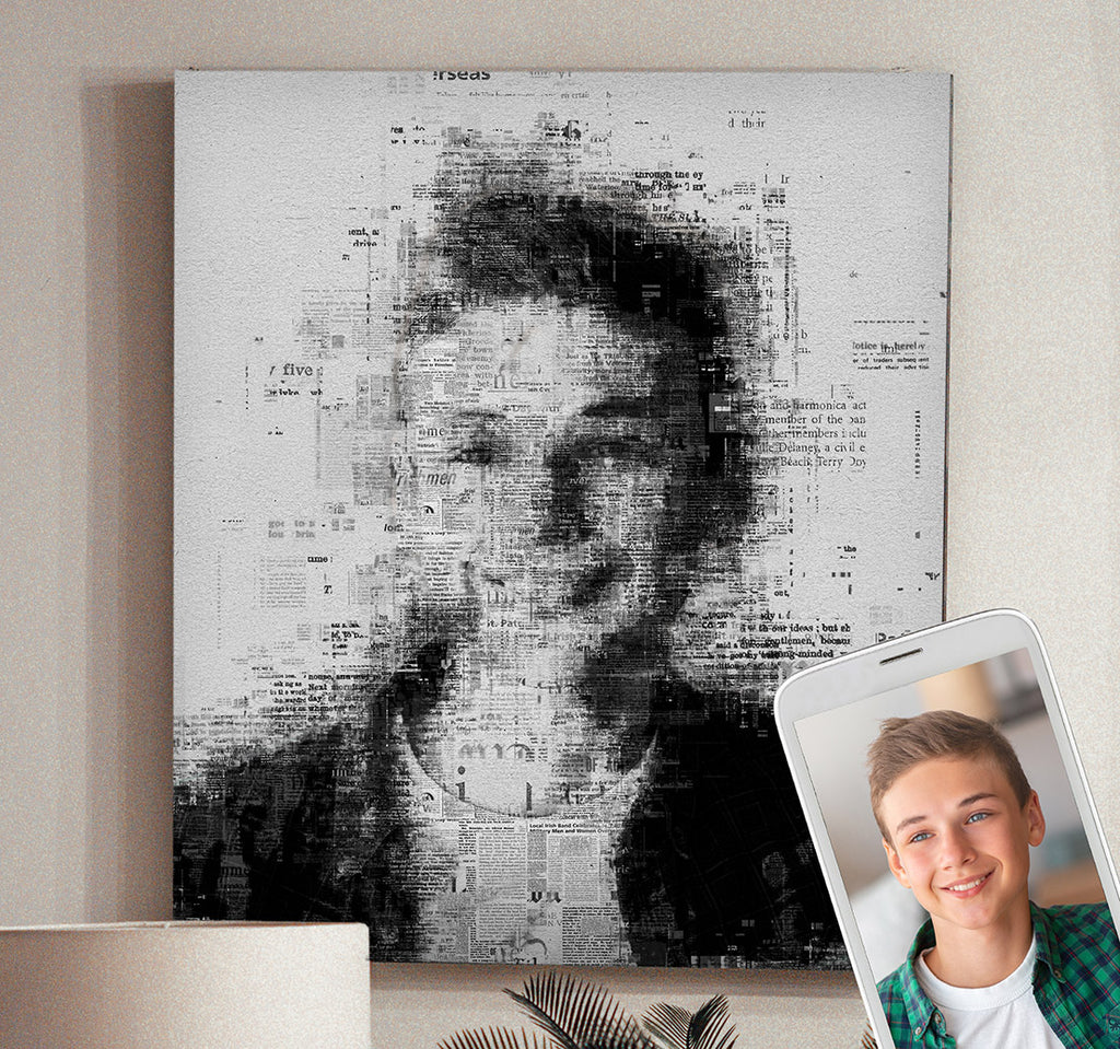 Custom newspaper text art style digital family portrait printed on a canvas